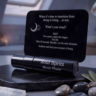 Soul Spritz Moon Phase herbal sleep spray vial beside ritual instruction card on marble nightstand at twilight